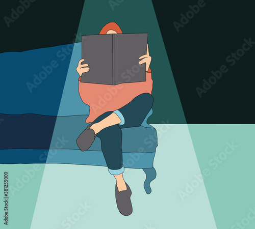 Woman with literature in hands sitting on cozy armchair at home. Reading books hobby. Young lady reading a book or magazine, pop art retro in high contrast shading.
