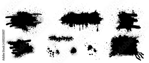 Collection of black paint. Spray Paint Elements, Vector brush stroke, Black splashes set, Black grunge with frame, Dirty artistic design elements, ink brush strokes, boxes, lines, frames for text.