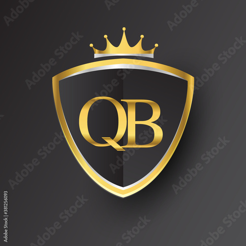 Initial logo letter QB with shield and crown Icon golden color isolated on black background, logotype design for company identity.