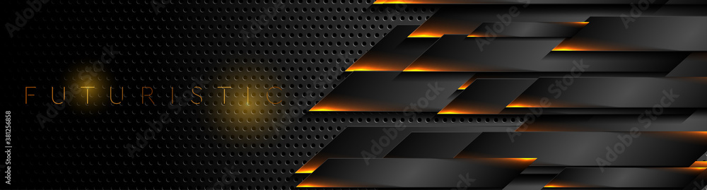 Futuristic black perforated technology background with orange neon lines. Glowing vector banner design - obrazy, fototapety, plakaty 