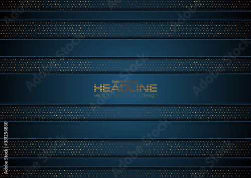 Dark blue and golden abstract tech geometric background. Luxury glitter dots concept vector design