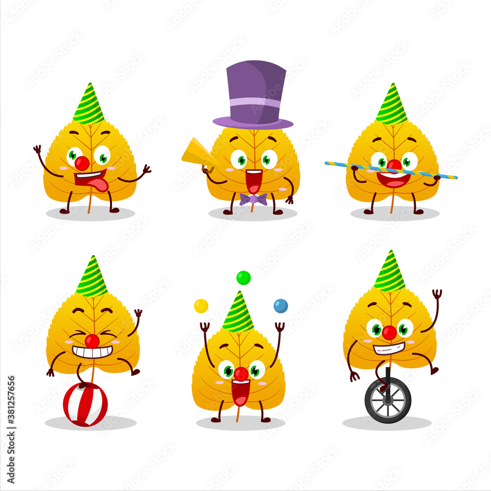 Fototapeta premium Cartoon character of yellow dried leaves with various circus shows