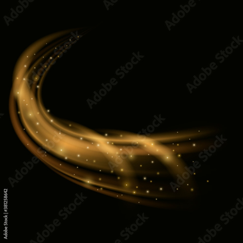 Abstract golden wave. Gold light effect. Imitation of spray, wind, vortex and blizzard. Futuristic glowing background