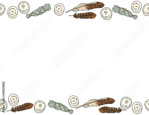Feathers, sage sticks and candles comic style doodles seamless border pattern. Cozy boho craft postcard or banner mock up. Letter format decoration background texture tile. Space for text