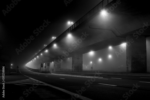 Busy street with fog