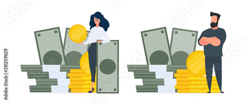 Man and a mountain of money. The girl stands near gold coins and large dollar bills. A bundle of money. The concept of a successful business, earnings and wealth. Isolated. Vector.