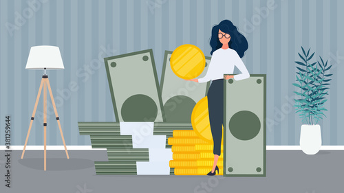 Woman and a mountain of money. The girl stands near gold coins and large dollar bills. A bundle of money. The concept of a successful business, earnings and wealth. Vector.