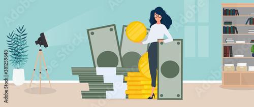 Woman and a mountain of money. The girl stands near gold coins and large dollar bills. A bundle of money. The concept of a successful business, earnings and wealth. Vector.