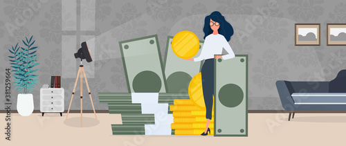 Woman and a mountain of money. The girl stands near gold coins and large dollar bills. A bundle of money. The concept of a successful business, earnings and wealth. Vector.