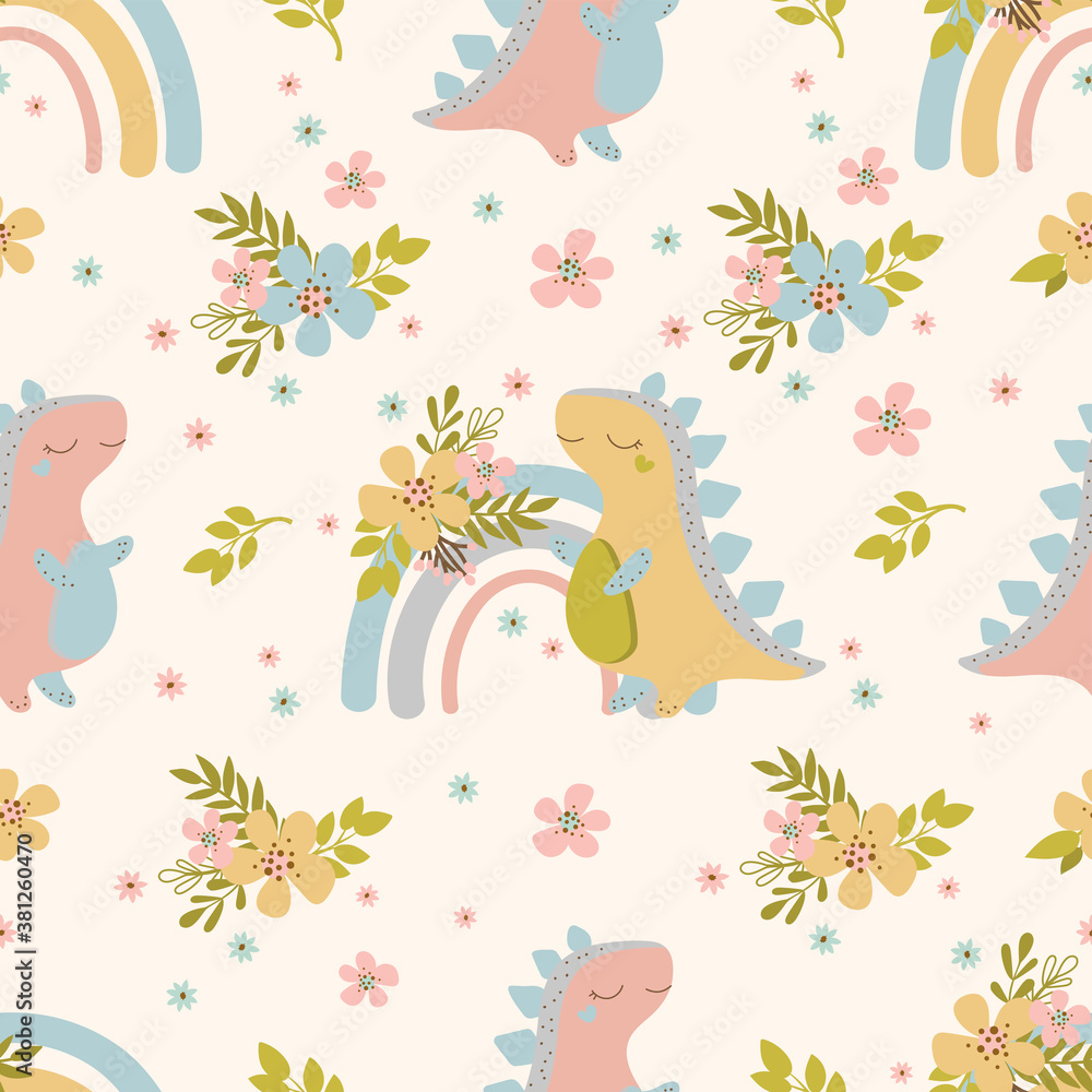 Obraz premium DINO DREAMS Hand Drawn Seamless Pattern Vector Illustration