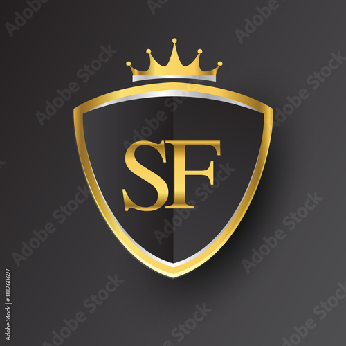 Initial logo letter SF with shield and crown Icon golden color isolated on black background, logotype design for company identity.