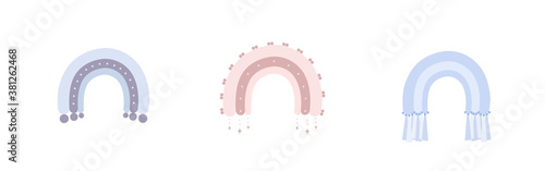 Boho rainbows. Cute rainbows in pastel colors. Scandinavian printable elements for playroom and kids. Doodle art elements. Modern vector illustration. Boho wall decor.