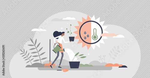 House plants and flower pot gardening, growth and care tiny persons concept