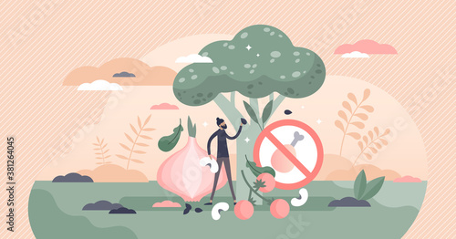 Vegan vegetable diet lifestyle with meat food exclusion tiny person concept