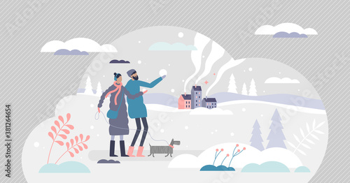 Winter season with cold weather, frost, ice and snow tiny persons concept