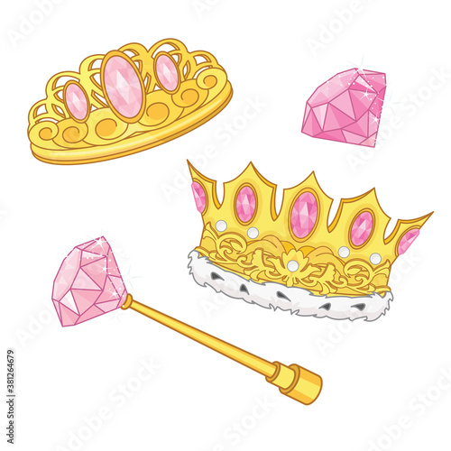 Royal golden crown, scepter and diamond