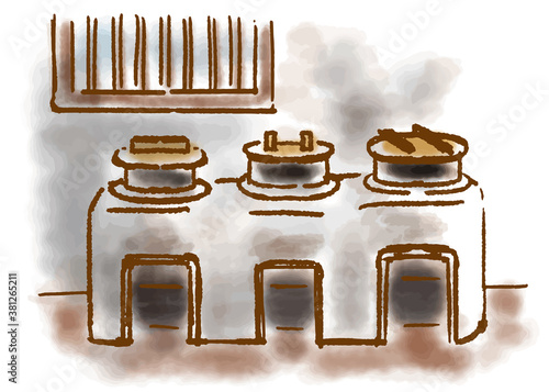 味のある水彩画風のかまどのイラスト