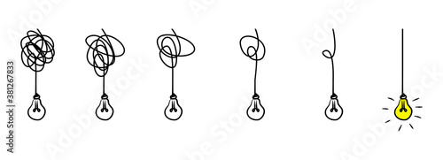 Simplifying the complex, confusion clarity or path vector idea concept. the concept of transition from complicated to simple with bulb lamp Doodle vector illustration .