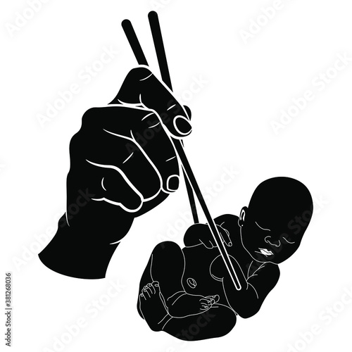 Human hand holding newborn baby with chopsticks. Monochrome silhouette. Creative concept for cannibalism and devouring of future.