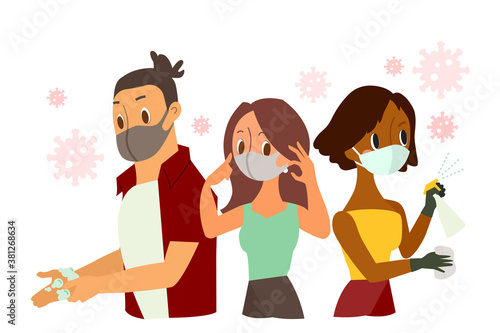protecting yourself from coronavirus. People wearing protective face mask, hand washing, Spraying Anti-Bacterial Sanitizer Spray. Vector cartoon illustration