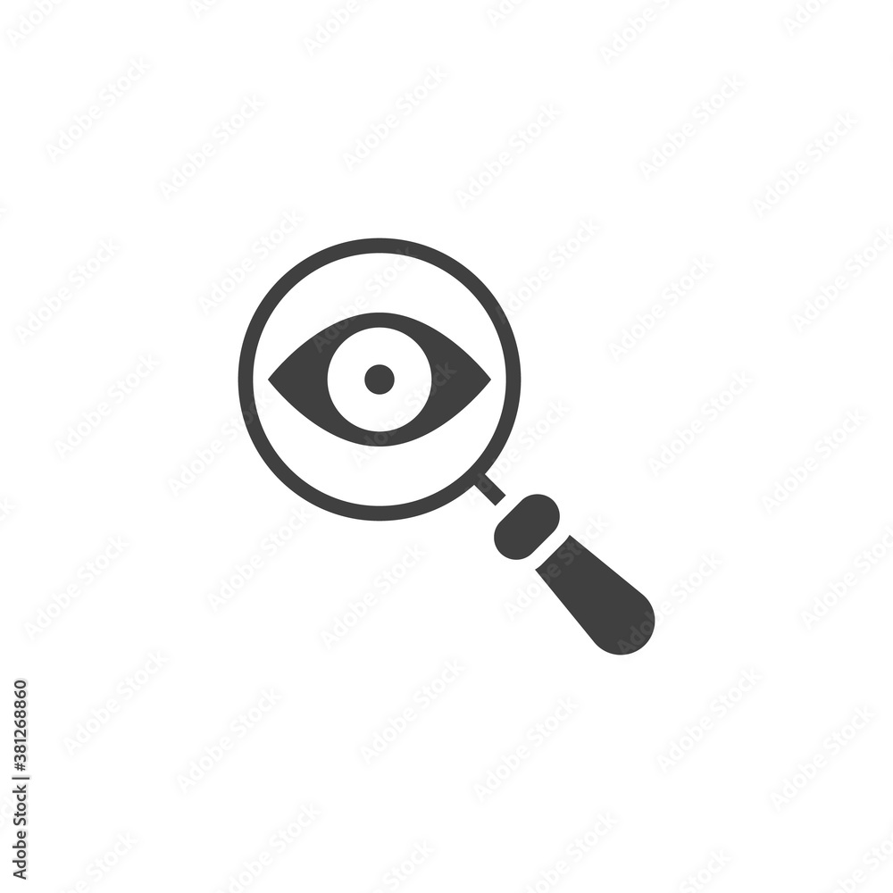 Magnifier with eye vector icon. filled flat sign for mobile concept and web design. Find, investigate glyph icon. Search, vision symbol, logo illustration. Vector graphics Magnifier with eye vector icon. filled flat sign for mobile concept and web design. Find, investigate glyph icon. Search, vision symbol, logo illustration. Vector graphics