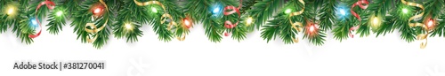 Seamless holiday decoration. Christmas tree border with lights garland. Festive frame isolated on white. Celebration vector background. For winter season banners, New Year headers, party posters.