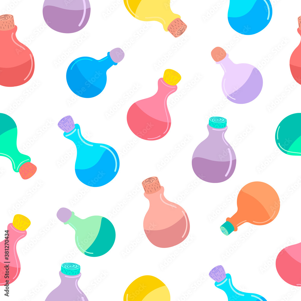 A seamless pattern with magic potions,bottles,jars