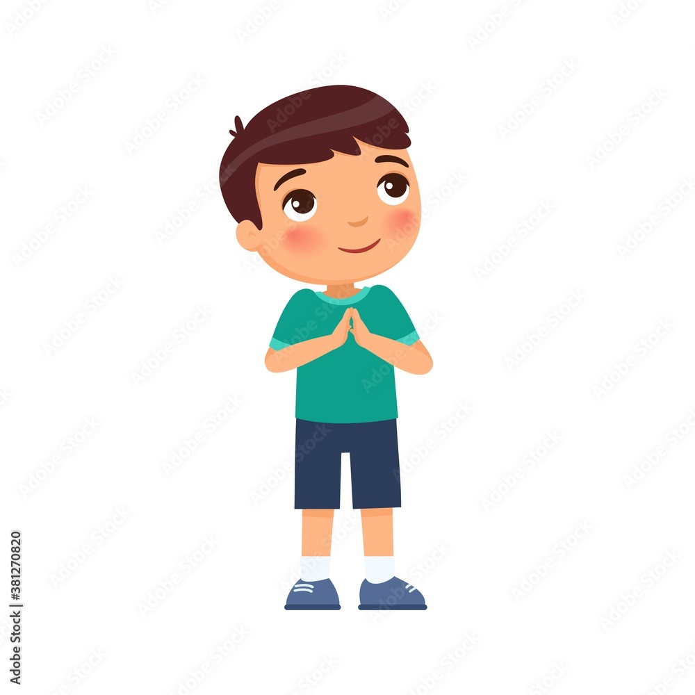 Little boy smiles and lifts up his eyes and hands in prayer. Concept of religion, prayer and Christianity. Cute cartoon character isolated on white background. Flat vector color illustration.