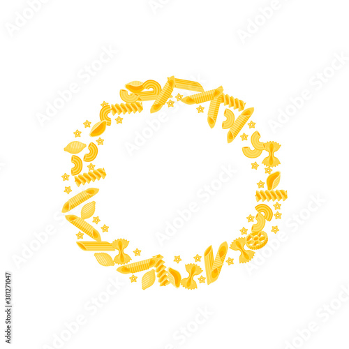Italian cuisine. Round frame composition of many kinds of pasta. Vector illustration cartoon flat icon isolated on white. Template element for packaging label design.