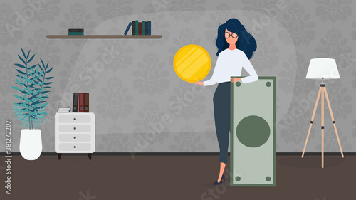 The girl is holding a dollar. Woman with a gold coin in her hands. The concept of earning and successful business. Vector.