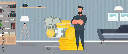 A man stands with a Cart in which there is a lot of money. Basket with gold coins and bundles of money. The concept of successful business, earnings and wealth. Isolated. Vector.