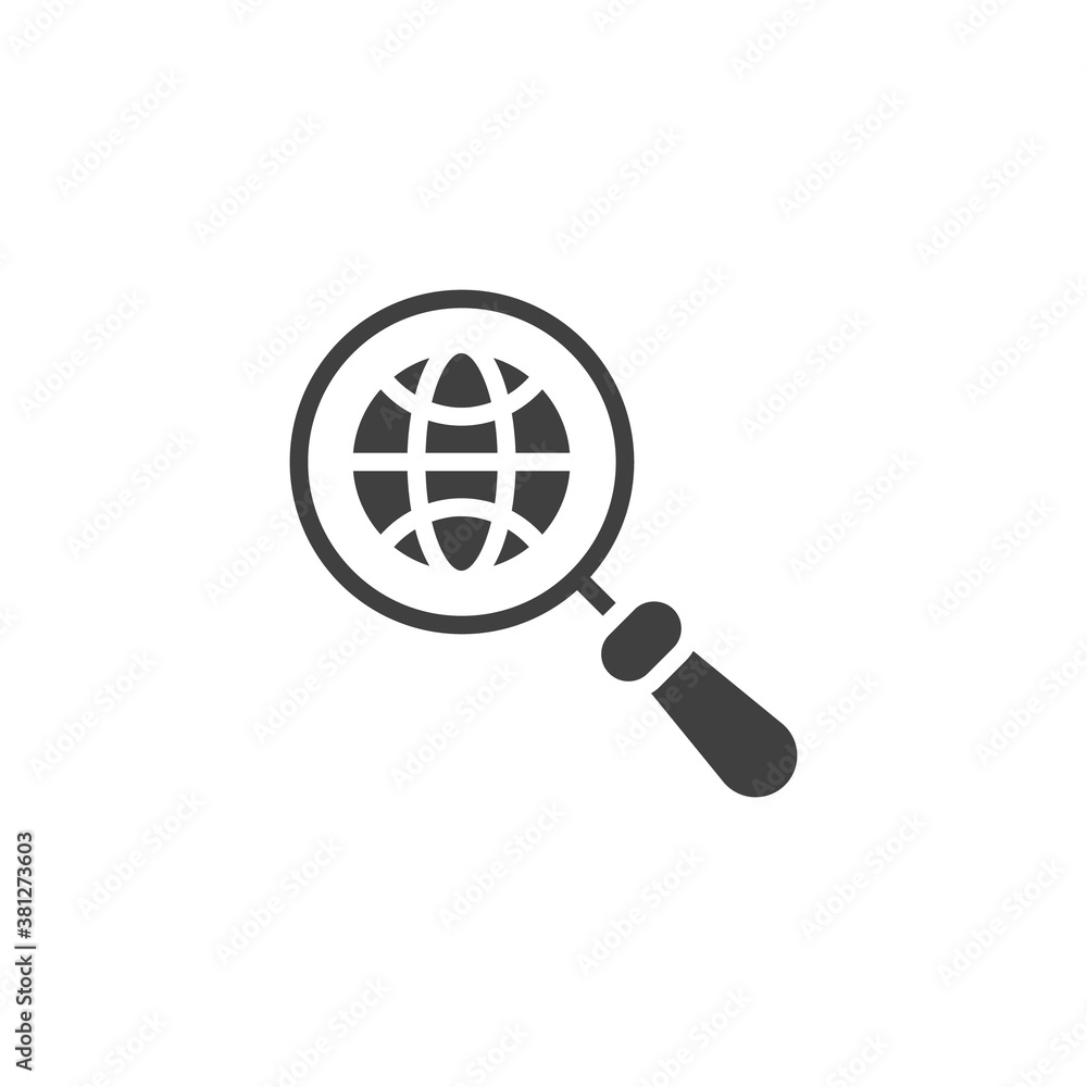 Magnifying Glass Globe vector icon. filled flat sign for mobile concept and web design. Global search glyph icon. Symbol, logo illustration. Vector graphics Magnifying Glass Globe vector icon. filled flat sign for mobile concept and web design. Global search glyph icon. Symbol, logo illustration. Vector graphics