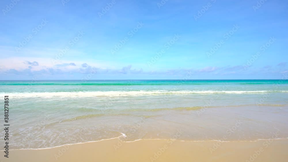 Phuket beach sea. Landscape view of beach sea in summer sun. Beach space area and seawater wave. At Karon beach, Phuket, Thailand. On September 2020. 3840x2160P. UHD 4K Videoclip. Phuket beach sea. Landscape view of beach sea in summer sun. Beach space area and seawater wave. At Karon beach, Phuket, Thailand. On September 2020. 3840x2160P. UHD 4K Videoclip.