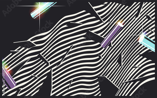 Aesthetic and nostalgic retro-future VHS 80s era style design template, geometric polygon shapes and wavy bars with rainbow light flare effects, black and white minimal template design