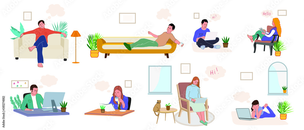 Collection of dreaming people isolated on white. Smiling thoughtful young men working and relax at home. Collection of dreaming people isolated on white. Smiling thoughtful young men working and relax at home.