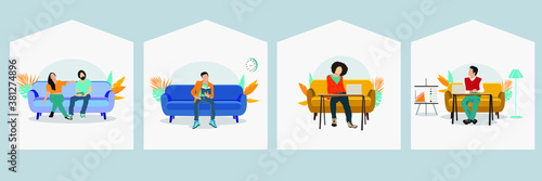 Students and schoolchildren with laptop sitting on the couch. Freelance or training concept. Cute illustration in flat style. Distance learning at home
