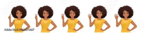 Smiling beatiful woman with afro hairstyle pointing up. One, two, three, four, five fingers isolated vector illustration