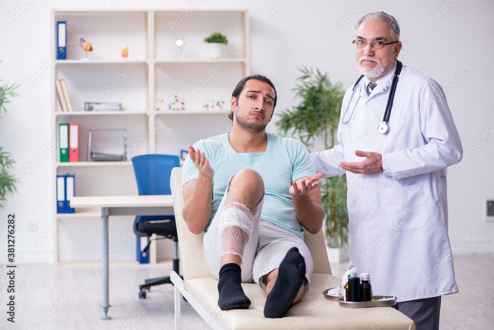 Young leg injured man in the hospital Young leg injured man in the hospital