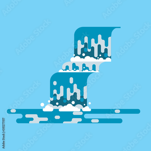 Waterfall landscape. Mountain river with cascade. Vector flat cartoon illustration illustration isolated on blue background.