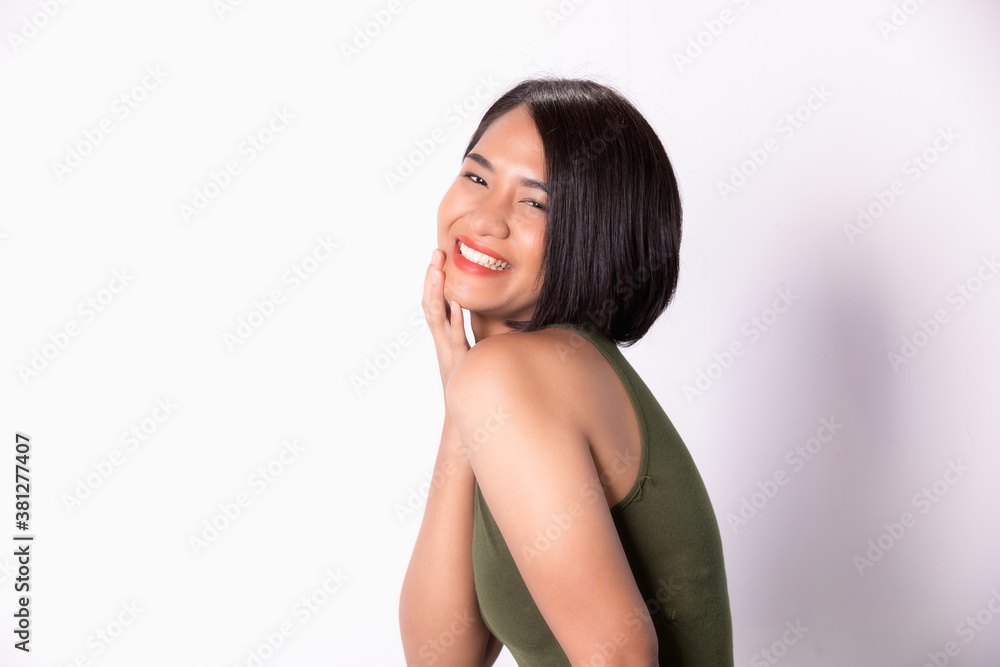 Fototapeta premium Close up of young Asian beautiful woman with smiling face bright isolated on white background.