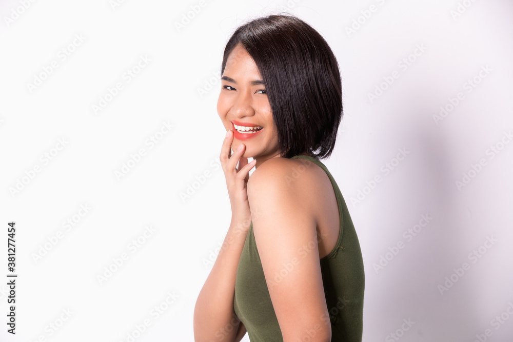 Close up of young Asian beautiful woman with smiling face bright isolated on white background. Close up of young Asian beautiful woman with smiling face bright isolated on white background.