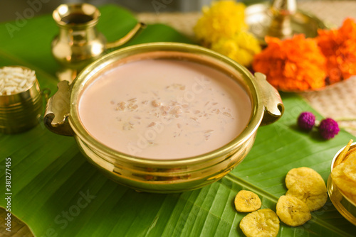 Onam sadhya sweet palada payasam or semiya dal kheer dessert Kerala, South India. Indian mithai   Delicious festival sweet dish for Onam, Vishu, Deepawali, sweet food made of condensed milk