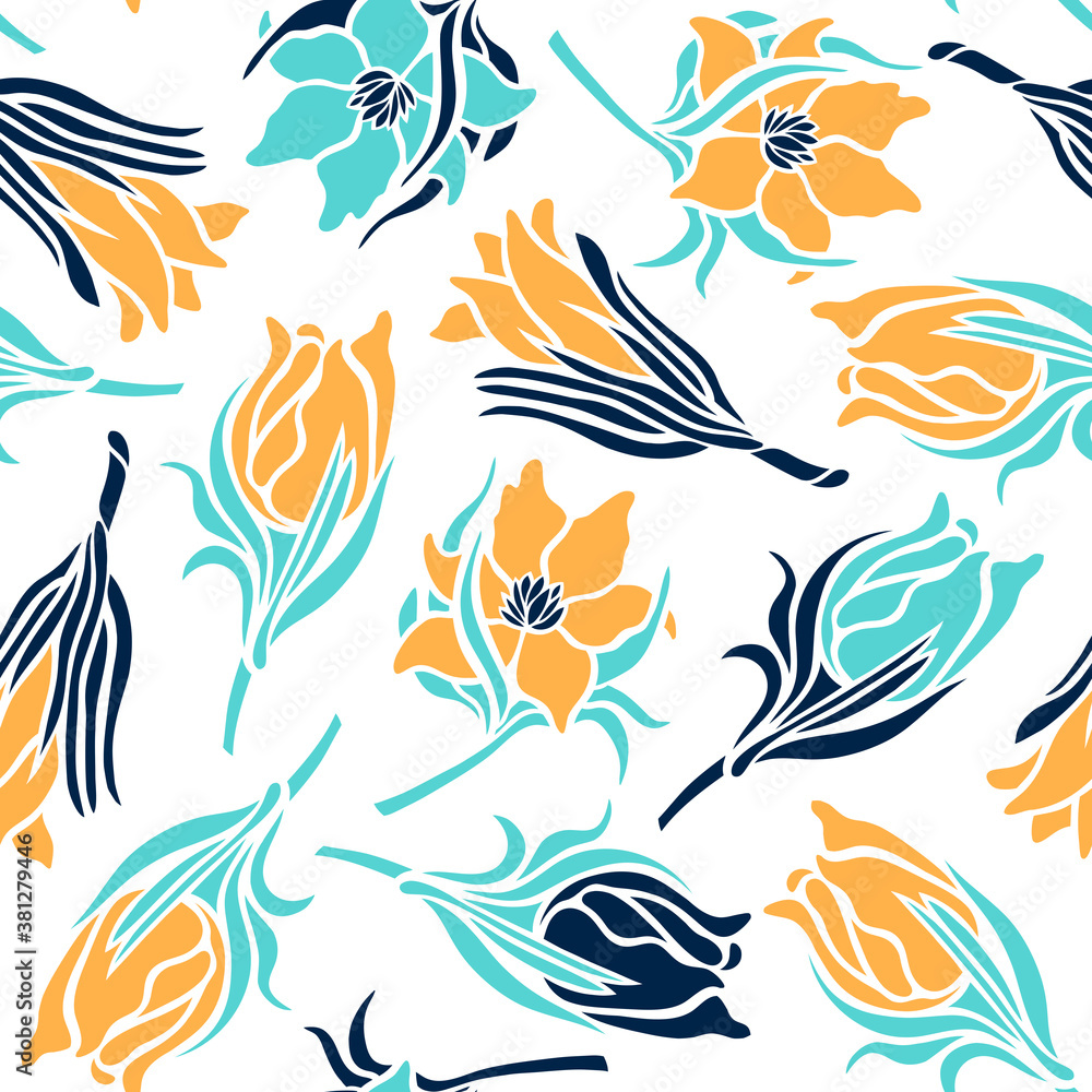 Seamless pattern with spring Pulsatilla flowers. Yellow and blue flowers on a white background. Surface design. Vector illustration. Seamless pattern with spring Pulsatilla flowers. Yellow and blue flowers on a white background. Surface design. Vector illustration.