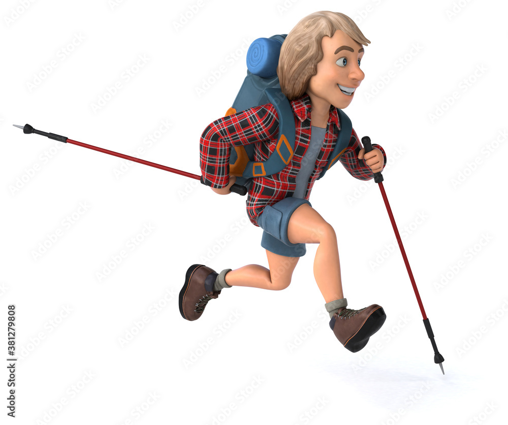 Fun backpacker with walking sticks - 3D Illustration Fun backpacker with walking sticks - 3D Illustration