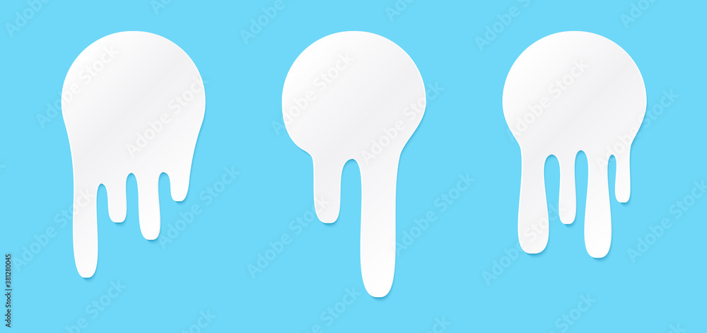Melt drip stickers or circle milk labels. Vector liquid drops icons for graffiti blob stickers. White liquid or melted chocolate drips, milk, current paint. Melt drip stickers or circle milk labels. Vector liquid drops icons for graffiti blob stickers. White liquid or melted chocolate drips, milk, current paint.