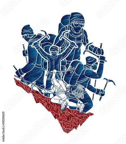Group of people Hiker climbing mountain hiking cartoon graphic vector