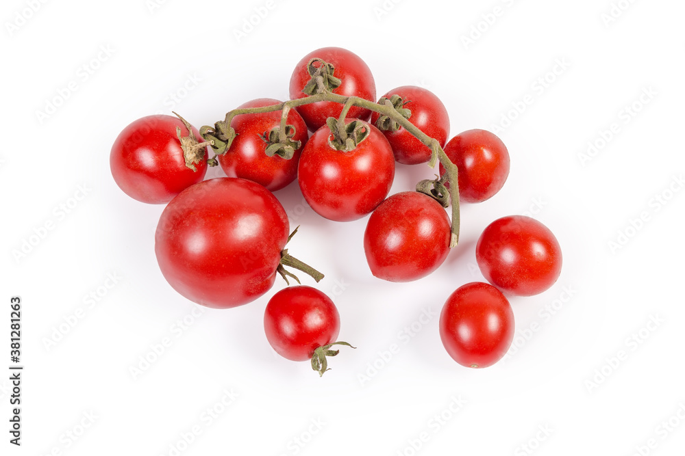 Freshly picked red cherry tomatoes on withered branch and separately Freshly picked red cherry tomatoes on withered branch and separately