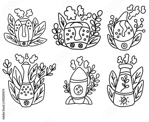 Set of humidifiers for a healthy climate in the house. Vector icons for  design isolated  a white background. Concept of an air purifier device surrounded by leaves.Vector illustration in line style.