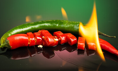 Papier peint photo Piments forts Piments rouges et verts en flammes  © Vasily Popov