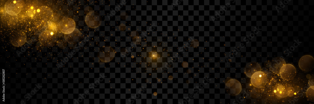 Fototapeta premium Vector light effect. Sparkling golden particles, glowing bokeh lights isolated on dark transparent background 